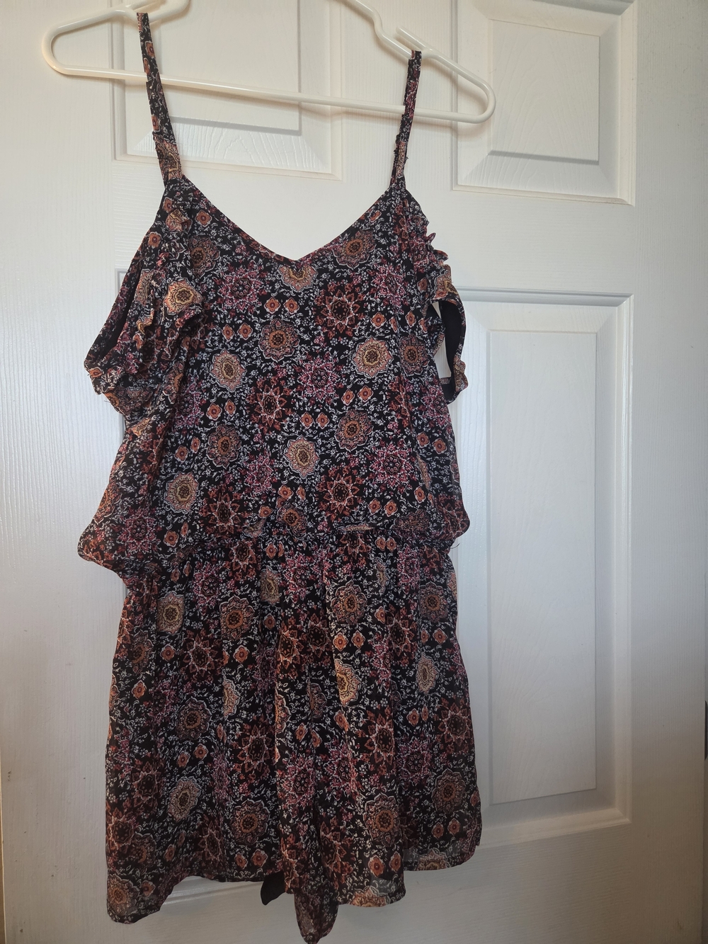 Xhilaration Black Floral Cold-Shoulder Mini Dress with Pink and Tan Medallions